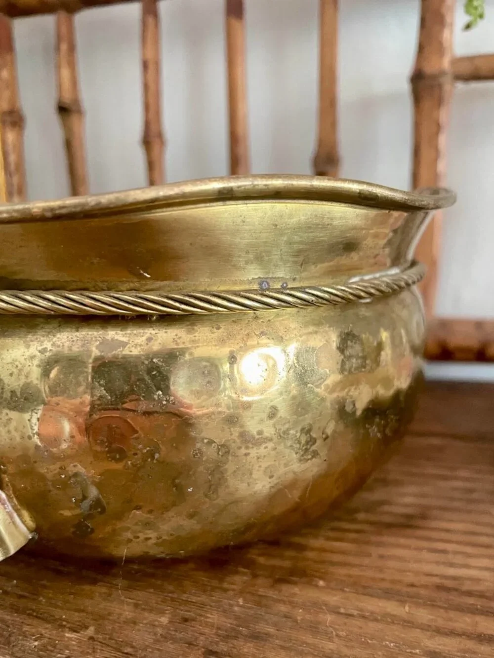 3 piece Vintage Brass Decor Collection Hammered Brass Bowl, Goblet & cachepot